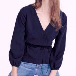 Jcrew Crepe Drapey Faux Wrap Top Navy Blue Belt Tie